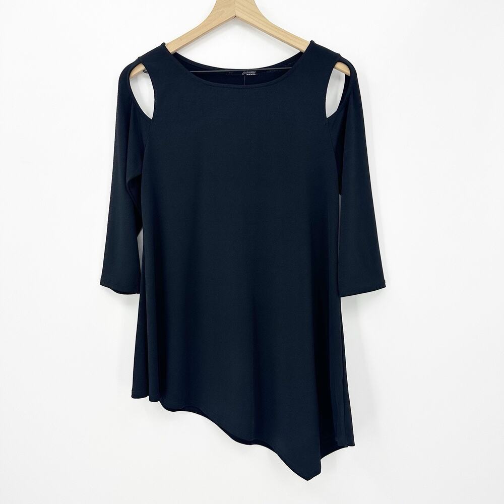Ariella Blouse M Women's Black Cold Shoulder Asymmetrical Hem Minimalist Elegant